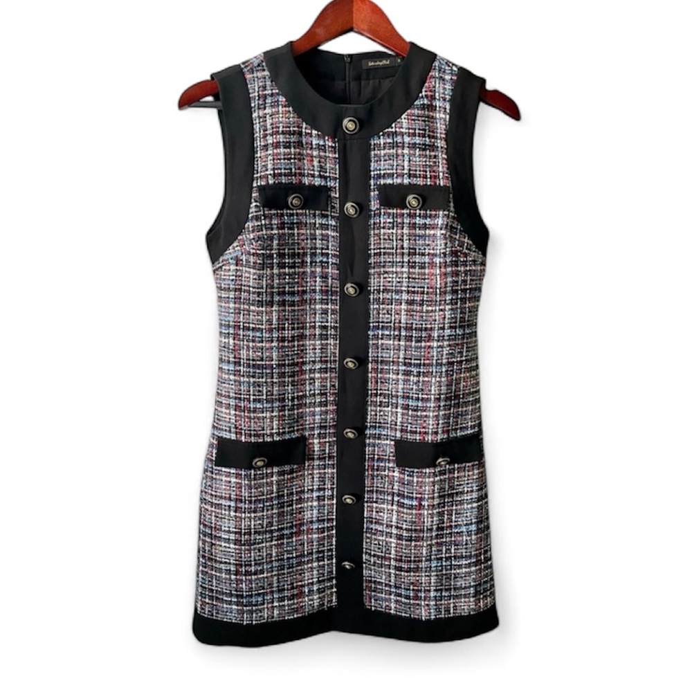 EUC Saturday Club Sleeveless Tweed Shift Dress, Blk Trim sz M, retail $97